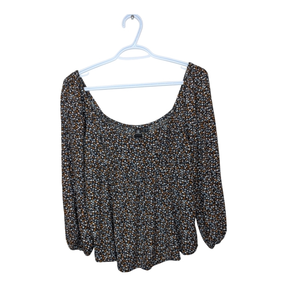 Volcom Women's Small 4/6 Black Floral Peasant Long Sleeve Flowy Top Cottagecore